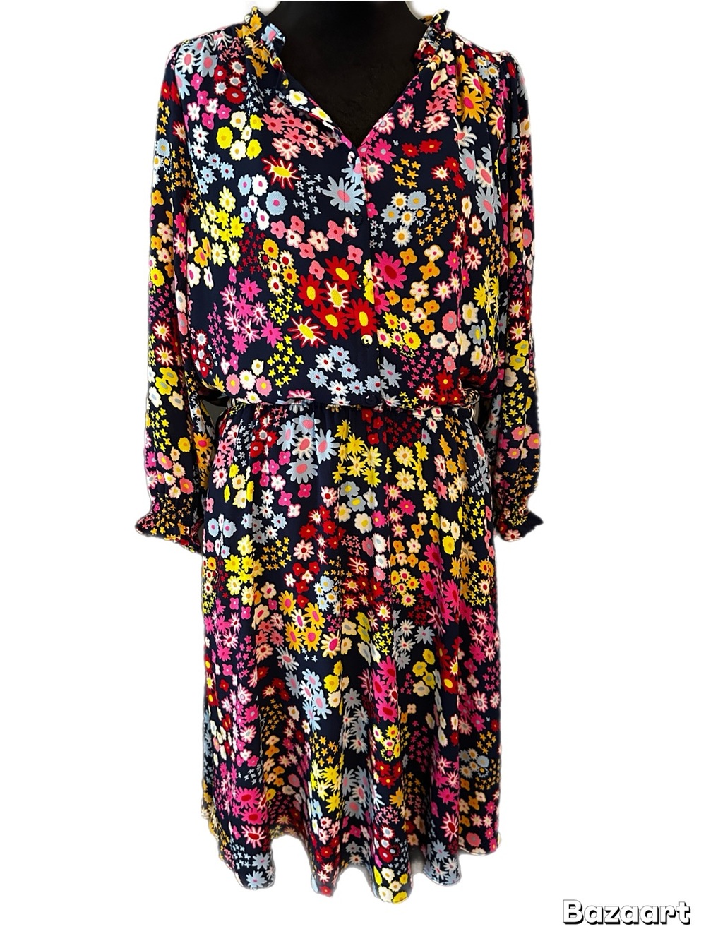 Talbots Black Floral Long-Sleeve Midi Dress